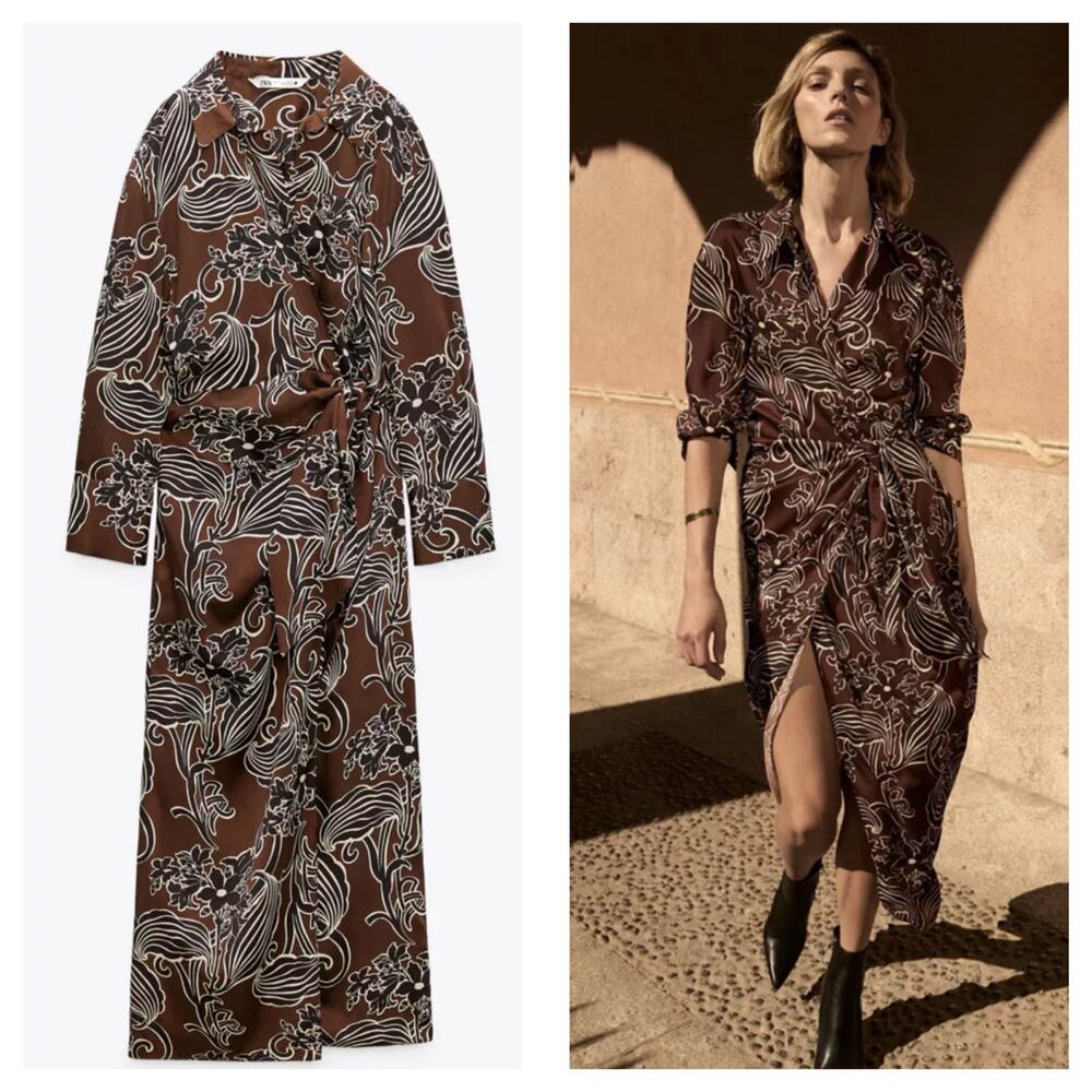 Zara Printed Wrap Midi Dress Size XS Brown Floral Satin Long Sleeve 9445/853/700